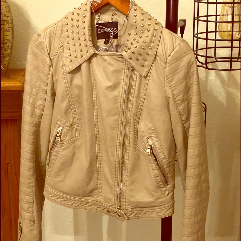 Express tan faux leather jacket with embellishment